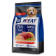 Hundefutterverpackung mit der Aufschrift 'M!EAT', die 70% tierisches Protein und 30% pflanzliches Protein enthält, mit Bildern von Fleisch und Gemüse.