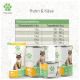 Fellicita Katzenfutter-Tüten und -Dosen mit Aufschrift 'Huhn & Käse', Katzenfoto, grünem Pfotenlogo und Tabelle 'Fütterungsempfehlung'.