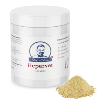 Behälter von Dr. Hölter Heparvet, ein 280g Pulverergänzungsmittel für Haustiere, mit einem Hügel aus gelbem Pulver daneben.