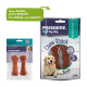 Afbeelding van PREMIERE hondensnacks: links, 'Chew It' botten; rechts, 'Chew Snack' met eend. Groene banner zegt 'Nieuw ONTWERP, dezelfde KWALITEIT.'
