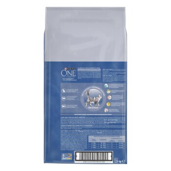 Dos d'un sac de nourriture Purina ONE pour chat, emballage bleu/blanc montrant deux chats, textes 'ONE' et 'BIFENSIS', code-barres, 7,5 kg