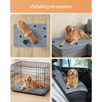 Golden Retriever auf grauer Pfoten-und-Herz-Tiermatte in vier Einsatzbereichen: beim Füttern, auf dem Sofa, in der Transportbox, im Auto. Text: 'Vielseitig einsetzbar'.