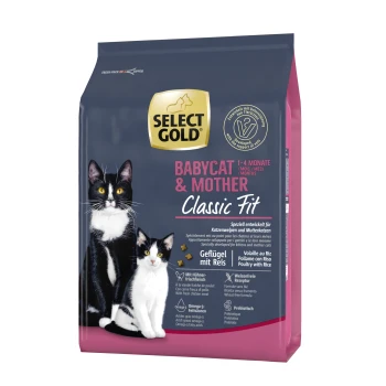 Katzenfuttertüte mit einer schwarz-weißen Katze und einer schwarzen Katze mit weißen Flecken. Der Text lautet "SELECT GOLD BABYCAT & MOTHER Classic Fit."