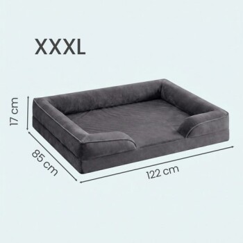 Graues XXXL-rechteckiges Haustierbett mit erhöhtem Rand und niedriger Frontöffnung, beschriftet 122 cm × 85 cm × 17 cm.