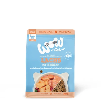 Katzenfutterverpackung mit der Marke "WOW-Cat," mit Lachs und Cranberries, als getreidefrei gekennzeichnet, 325g, hergestellt in Österreich.