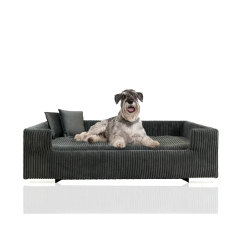 ® Hundesofa, Hundebett Cord für mittelgroße und große Hunde, inkl. 2 Dekokissen dunkelgrau Ein gemütliches dunkelgraues Haustiersofa, auf dem ein Hund bequem liegt, mit zwei dekorativen Kissen auf einer Seite.