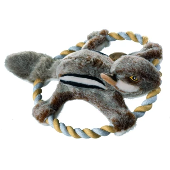 Wildlife Training Eichhörnchen Plüsch-Hundespielzeug in Form eines Kaninchens mit einem Seilring, mit realistischem Fell und leuchtend gelben Augen, ideal für die Spielzeit.