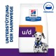 Tüte mit Hill's Prescription Diet u/d Hundefutter, die einen Dalmatiner mit einem blauen Halsband zeigt, beschriftet mit "Unterstützung der Harnwege."