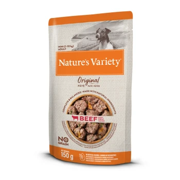 Nature's Variety Original hondenvoer zakje, met rundvlees als hoofdingrediënt, 150g, gelabeld 'No Grain,' met een textuur achtergrond.