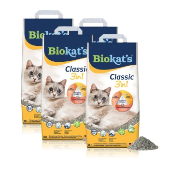 Vier Beutel Biokat's Classic 3in1 Katzenstreu mit einer Katze auf der Vorderseite, die die Hygieneformel und Klumpeneigenschaften hervorhebt.