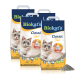 Vier Beutel Biokat's Classic 3in1 Katzenstreu mit einer Katze auf der Vorderseite, die die Hygieneformel und Klumpeneigenschaften hervorhebt.