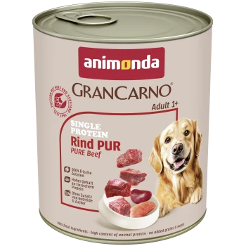 Dose Animonda GranCarno Hundefutter, 'Single Protein Rind PUR (Pure Beef)', mit lächelndem Golden Retriever und sichtbaren Rindfleischstücken.