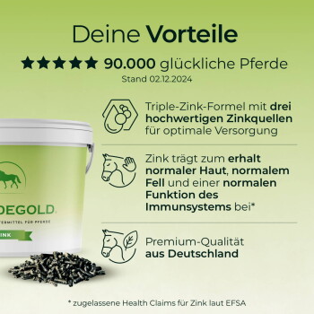 Eimer mit Zink‑Ergänzungsfuttermittel und Pellets; deutscher Text: „Deine Vorteile“ und „90.000 glückliche Pferde“