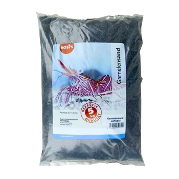 Garnelensand 5kg braun Eine 5 kg Tüte schwarzen Garnelensand mit der Aufschrift 'Garnelensand', mit einem bunten Garnelenbild und Details zur Korngröße (0,7-1,2 mm).