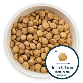 Bowl filled with small, round pet food kibble, with an inset showing average kibble size of 1cm x 0.45cm.
