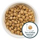 Bowl filled with small, round pet food kibble, with an inset showing average kibble size of 1cm x 0.45cm.