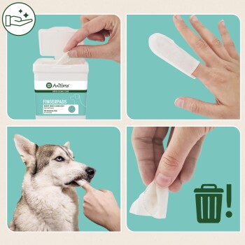 Bild von Aniforte Fingerpads für die Zahnpflege von Haustieren, das eine Hand zeigt, die ein Pad im Maul eines Hundes verwendet, mit einem Mülleimer-Symbol zur Entsorgung.