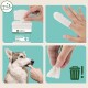 Bild von Aniforte Fingerpads für die Zahnpflege von Haustieren, das eine Hand zeigt, die ein Pad im Maul eines Hundes verwendet, mit einem Mülleimer-Symbol zur Entsorgung.