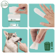 Bild von Aniforte Fingerpads für die Zahnpflege von Haustieren, das eine Hand zeigt, die ein Pad im Maul eines Hundes verwendet, mit einem Mülleimer-Symbol zur Entsorgung.