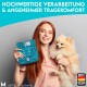 Eine Frau hält eine türkisfarbene Haustierwindel in einer Hand und einen flauschigen Pomeranian-Hund in der anderen, mit Text, der hochwertige Verarbeitung und Komfort bewirbt.