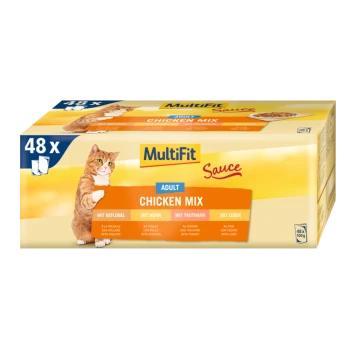 Pack of 48 MultiFit Sauce Adult Chicken Mix cat food with playful orange cat and multilingual labels: "with poultry," "chicken," "turkey," "liver."
