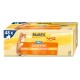 Paquet de 48 MultiFit Sauce Adult Chicken Mix pour chats avec un chat orange joueur et des étiquettes multilingues : "avec volaille", "poulet", "dinde", "foie."