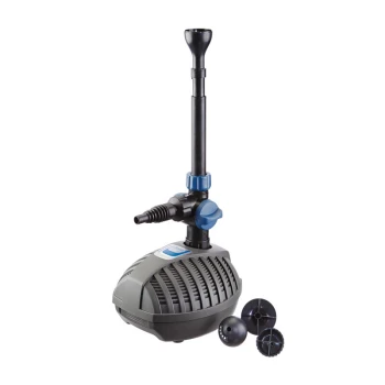 Aquarius Fountain Set Classic 750 Unterwasser-Pumpenpumpe mit verstellbarer Düse, blauen und schwarzen Anschlüssen sowie zwei austauschbaren Auslassaufsätzen.