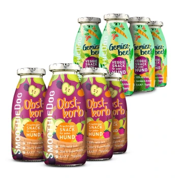 Gemüsebeet 4x 250 ml + Obstkorb 4x 250 ml Flaschen mit Hundesnacks, die mit "Obstkorb" und "Gemüsebeet" beschriftet sind, mit bunten Obst- und Gemüsedesigns, die natürliche Zutaten hervorheben.