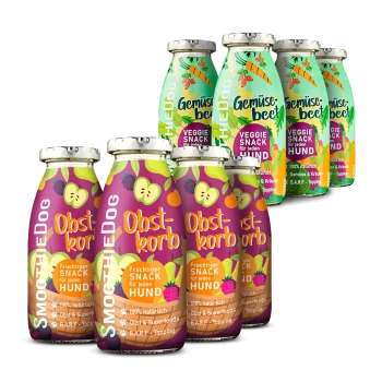 Flaschen mit Hundesnacks, die mit "Obstkorb" und "Gemüsebeet" beschriftet sind, mit bunten Obst- und Gemüsedesigns, die natürliche Zutaten hervorheben.