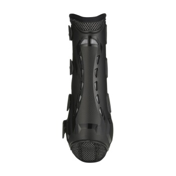 Schwarzer Haustierstiefel mit schlankem Design, ausgestattet mit Netzpaneelen und verstellbaren Riemen für einen sicheren Sitz. Text auf dem Stiefel lautet 'LINKS.'