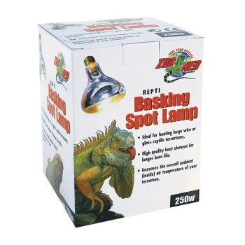 Repti Basking Spot Strahler 250 W Verpackung der Repti Basking Spot Lampe mit einer grünen Leguan, die ihre Verwendung zum Heizen von Reptilienterrarien, 250W, hervorhebt.