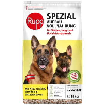 Hundefutterbeutel für Deutsche Schäferhunde, beschriftet mit "Rupp Spezial Aufbaunahrung", das Fleisch, Gemüse und Weizenkeime hervorhebt. 10 kg Größe.