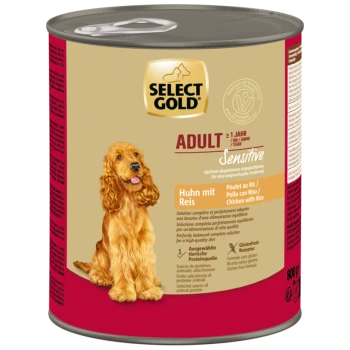 Select Gold Adult Sensitive Hundefutterdose mit Huhn und Reis, mit Bild eines Golden Retrievers und glutenfreiem Label.