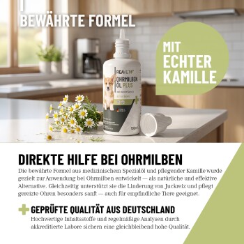 REAVET Ohrmilbenöl Plus 110ml Ohröl für Haustiere, mit einem Hund auf dem Etikett, betont natürliche Inhaltsstoffe und deutsche Qualität.