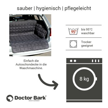 Autositzbezug von Doctor Bark, graues, gestepptes Design, maschinenwaschbar bis 95°C, für den Trockner geeignet, mit Textanweisungen.