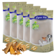 Fünf Beutel Lyra Pet natürliche Hundeleckerlis, mit einer Vielzahl von Kaustücken vorne, mit einem Premium-Qualitätssiegel und Haustierbildern auf der Verpackung.