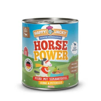 Dose mit Happy Jacky Premium-Hundefutter, beschriftet mit "HORSE POWER," mit einem Cartoon-Pferd und Zutaten: Pferdefleisch, Süßkartoffel, Birne und Petersilie.