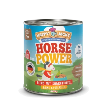 Dose mit Happy Jacky Premium-Hundefutter, beschriftet mit "HORSE POWER," mit einem Cartoon-Pferd und Zutaten: Pferdefleisch, Süßkartoffel, Birne und Petersilie.