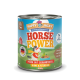 Dose mit Happy Jacky Premium-Hundefutter, beschriftet mit "HORSE POWER," mit einem Cartoon-Pferd und Zutaten: Pferdefleisch, Süßkartoffel, Birne und Petersilie.