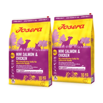 Zwei 10-kg-Säcke Josera Mini Lachs & Huhn Hundefutter für Erwachsene mit lila und gelber Verpackung.