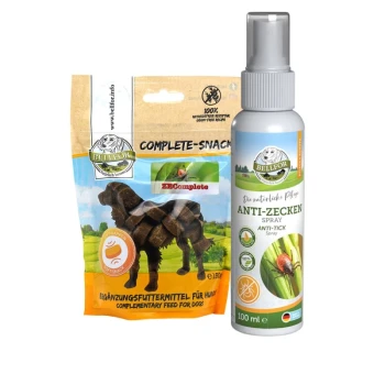 Ein Paket Bellfor Complete Snack für Hunde (180g) mit einer Silhouette eines Hundes, neben einem ZEComplete Spray (100ml) mit einem natürlichen Design.