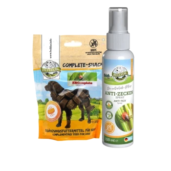 Ein Paket Bellfor Complete Snack für Hunde (180g) mit einer Silhouette eines Hundes, neben einem ZEComplete Spray (100ml) mit einem natürlichen Design.