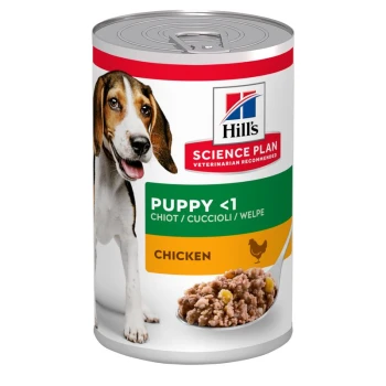 Dosenfutter für Hunde, gekennzeichnet mit 'Hill's Science Plan' für Welpen unter 1 Jahr, mit Huhn als Hauptzutat.