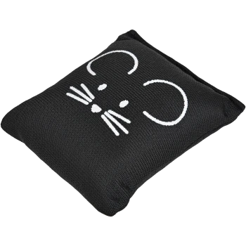 Schwarzes Stoffspielzeug mit Katzenminze in Form einer weißen Maus mit Gesicht, einschließlich Ohren, Augen, Nase und Schnurrhaaren.