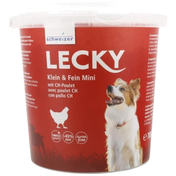 Behälter Schweizer Lecky Klein & Fein Mini Hundefutter mit Huhn, glutenfrei, über 65 % Fleischanteil, mit Hundebild auf rotem Hintergrund.