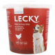 Contenant de nourriture pour petits chiens Schweizer Lecky Klein & Fein Mini au poulet, sans gluten, plus de 65 % de viande, avec image de chien sur fond rouge.