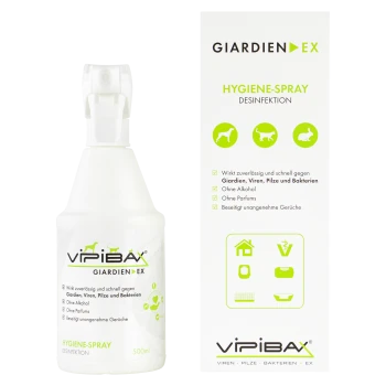 Flasche und Verpackung des VIPIBAX Giardien EX Hygienesprays zur Tierdesinfektion, wirksam gegen Giardien, Viren, Pilze und Bakterien.