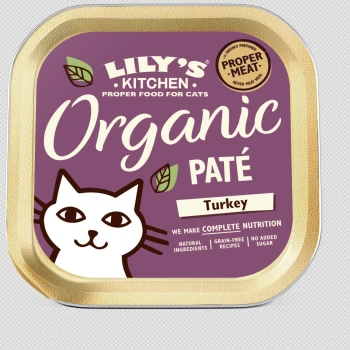 Pâté de dinde biologique de Lily's Kitchen pour chats, avec une illustration de chat blanc et un texte sur la nutrition complète et les ingrédients naturels.