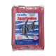 Gravier d'aquarium rouge dans un sac de 5 kg étiqueté "Rosi's Aquarienkies," avec des illustrations de poissons et un texte sur la clarté de l'eau et la croissance des plantes.