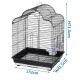 Schwarzer Drahtvogelkäfig mit Abmessungen: Höhe 71,5 cm, Länge 52 cm, Breite 41,5 cm, mit zwei Sitzstangen und einem Futtergeschirr.